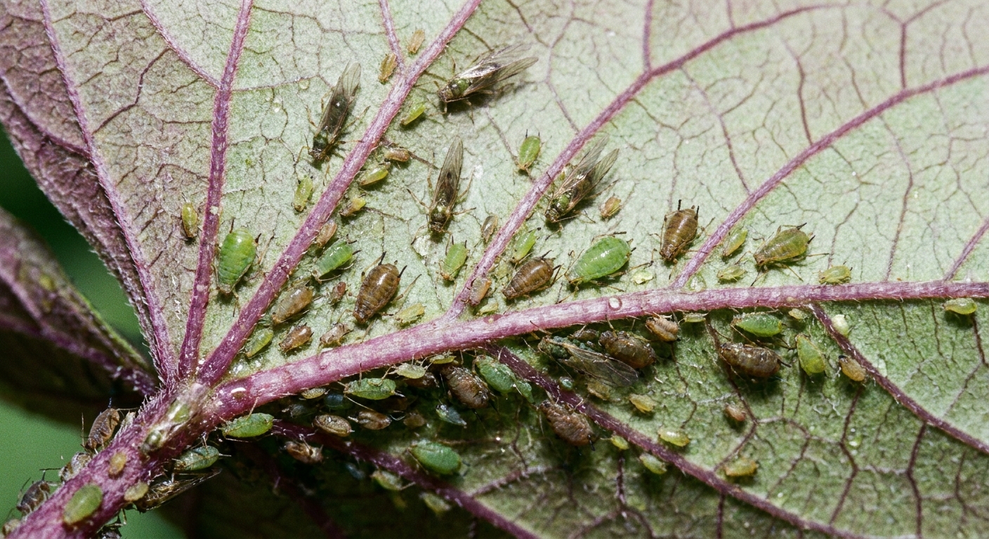 A real macro photo of aphids clustered on the underside of an ornamental sweet potato vine leaf, with visible insects and leaf veins
