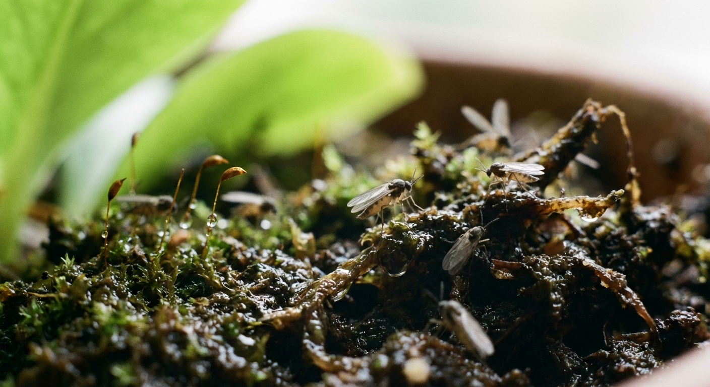 A real macro photograph of a few tiny fungus gnats resting on the damp soil surface of an indoor potted plant, with a soft green leaf blurred in the background, natural window light