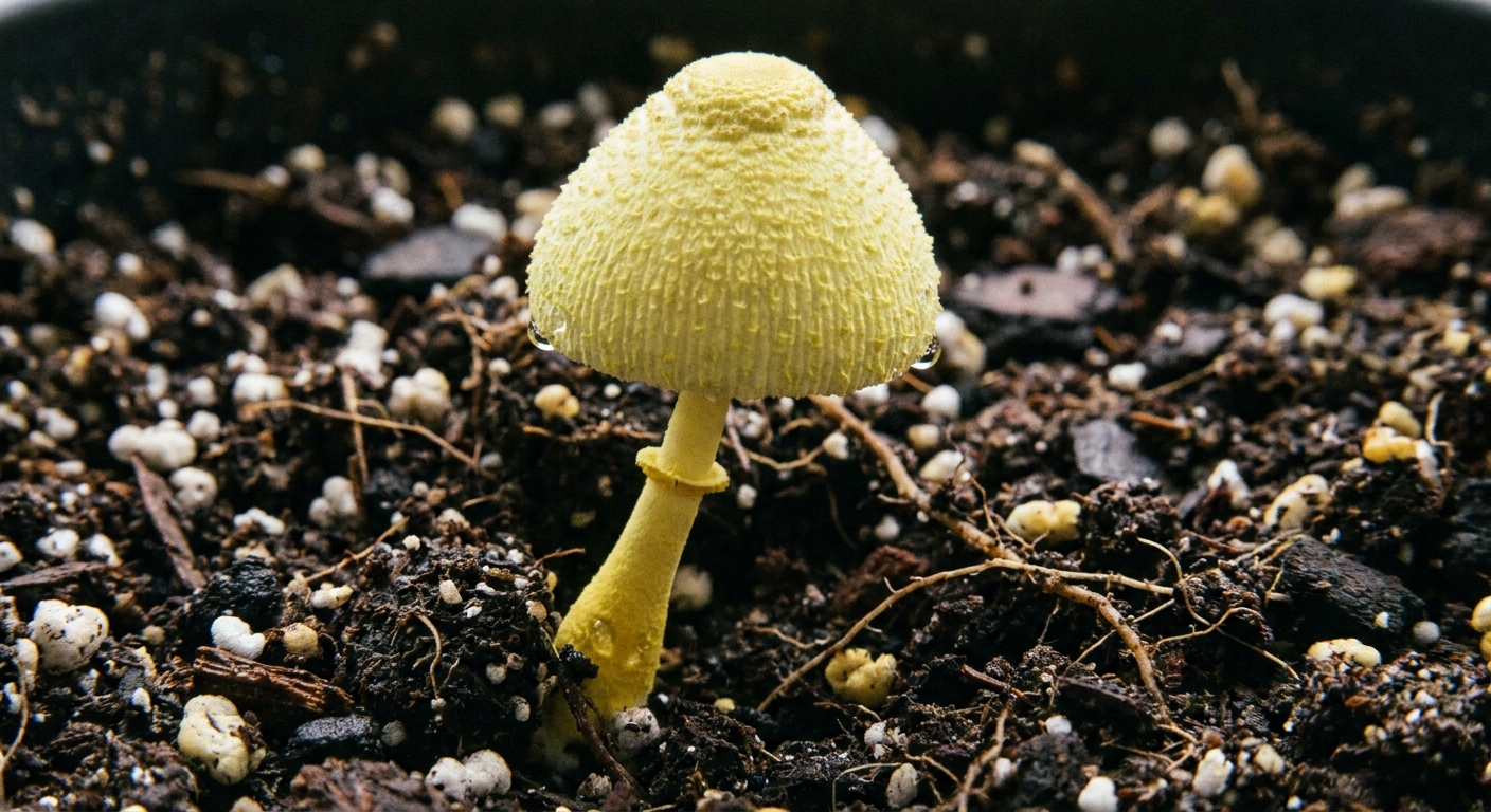 A real macro photograph of a single Leucocoprinus birnbaumii mushroom with a lemon-yellow cap and thin stem emerging from potting soil