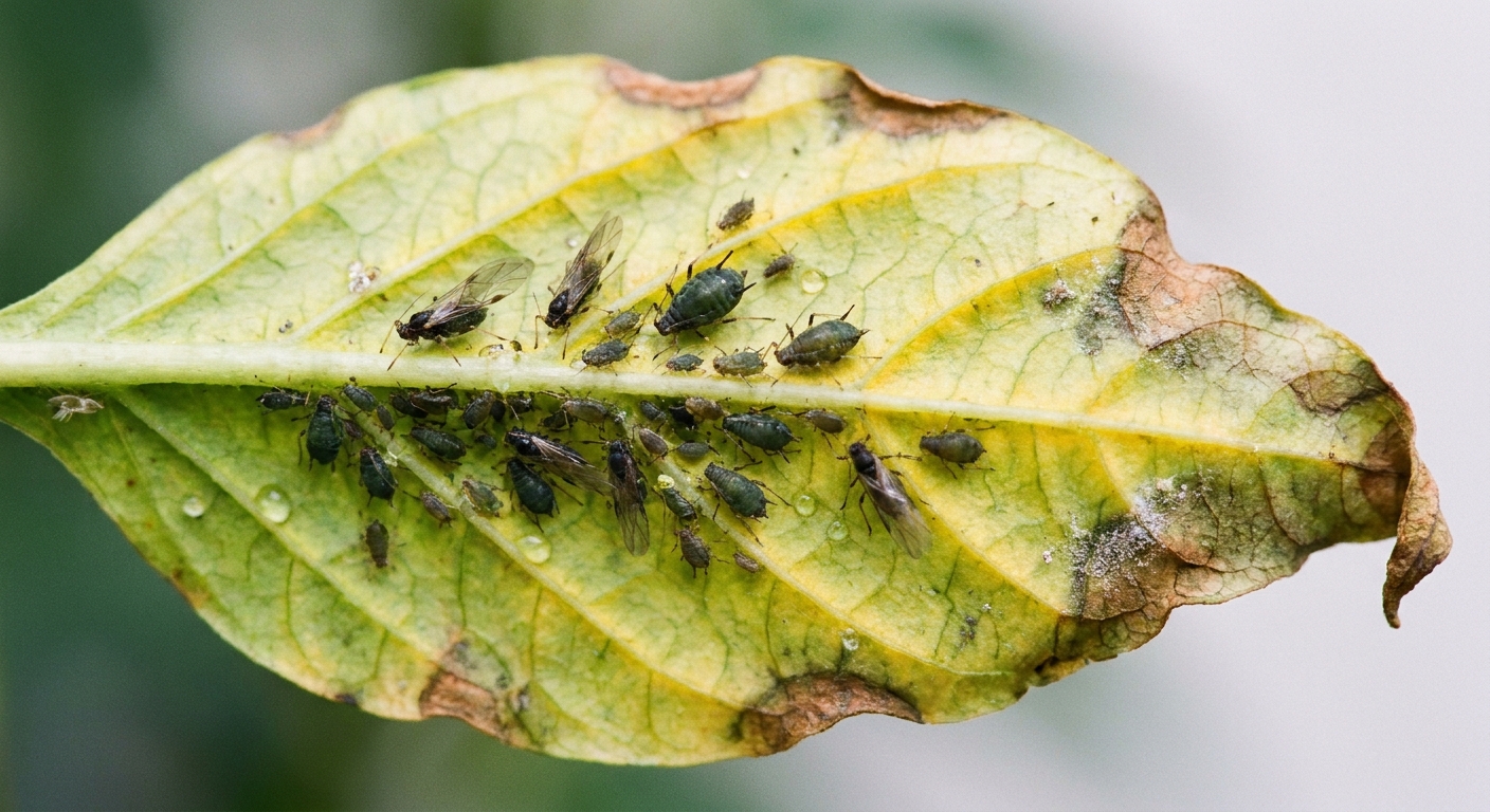 A real macro photograph of several aphids clustered on the underside of a pepper plant leaf with slight yellowing and curled edges
