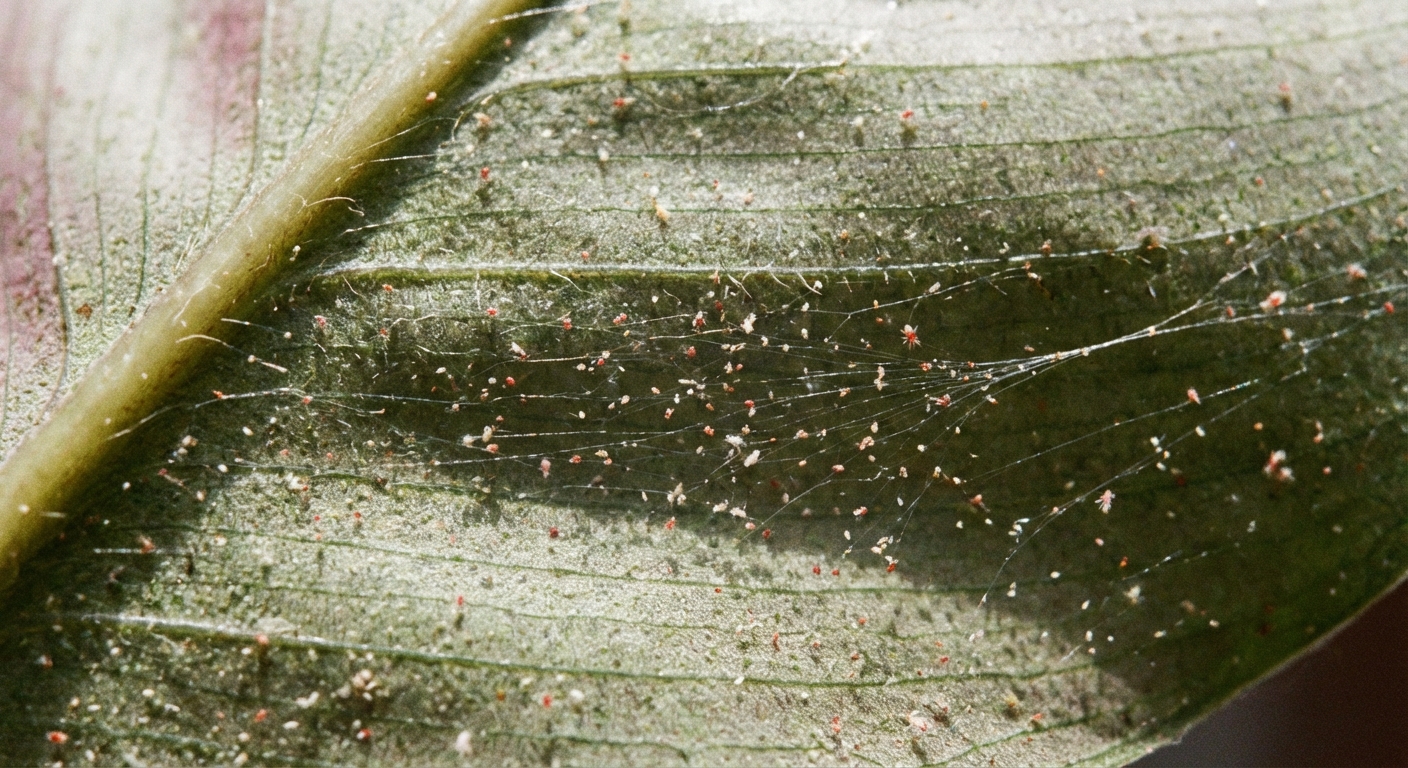 A real macro photograph of spider mite webbing on the underside of a houseplant leaf, showing fine strands and tiny specks in natural light