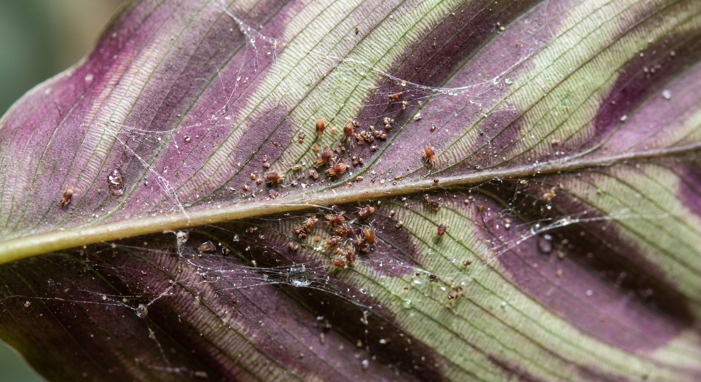 A real macro-style photo of the underside of a calathea leaf showing fine webbing and tiny spider mites clustered along the veins