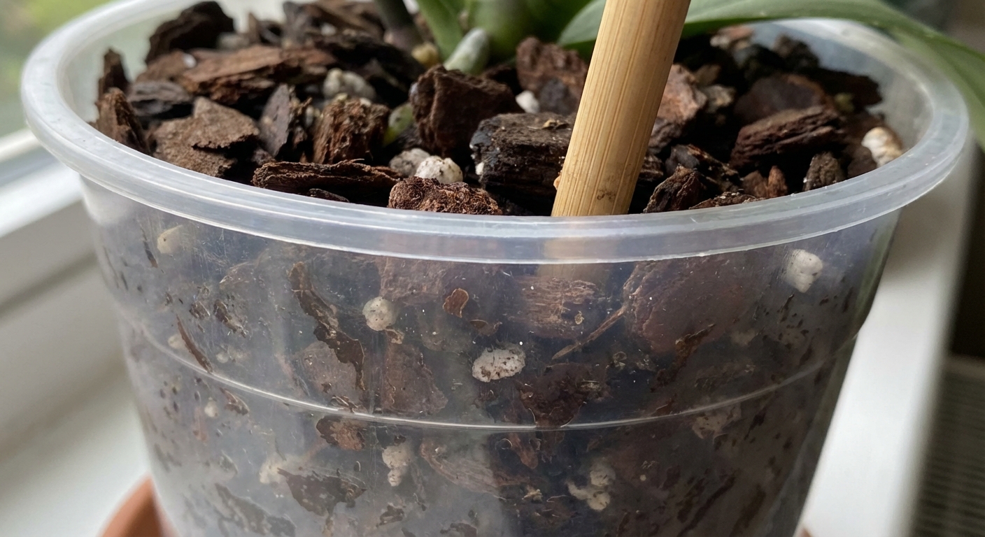 A real photo close-up of a clear orchid pot with bark mix where a thin bamboo stake is inserted near the pot rim, avoiding visible green roots along the pot wall