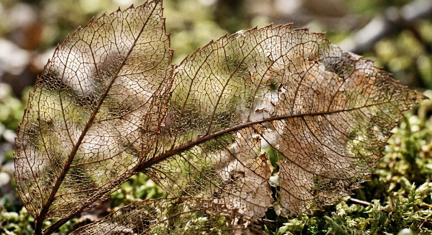 A real photo close-up of rose leaves that have been skeletonized, with a lace-like pattern and visible veins remaining