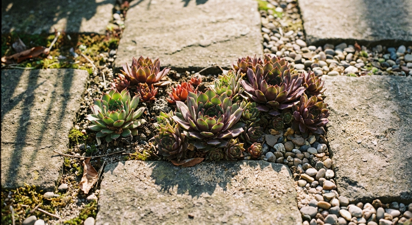 A real photo of Sempervivum rosettes planted between stone pavers in a sunny walkway, with gritty soil and small gravel visible around the plants