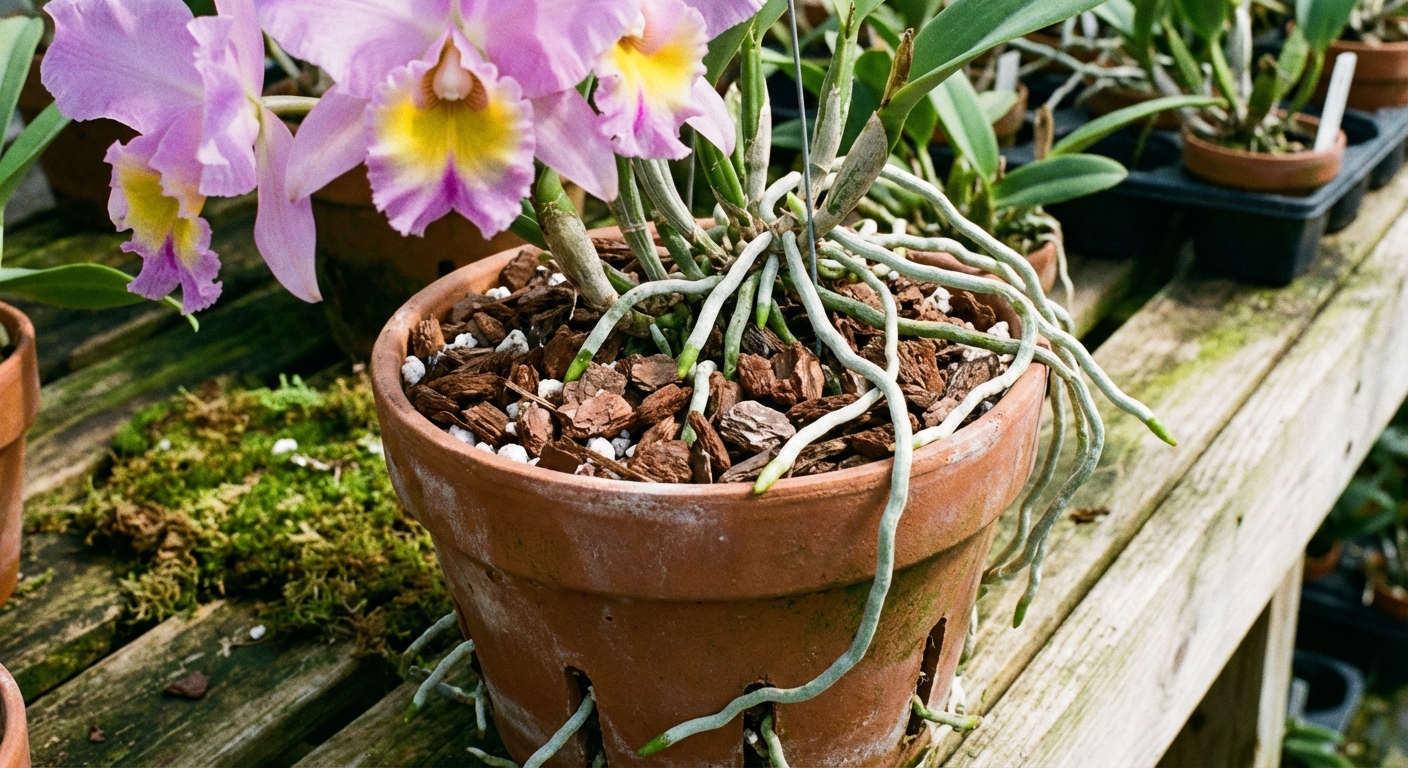 A real photo of a Cattleya orchid planted in a slotted orchid pot filled with chunky bark and perlite, showing airy media and visible roots