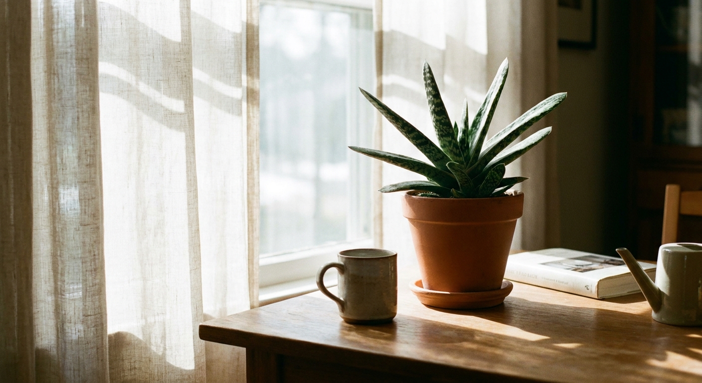A real photo of a Gasteria succulent on a tabletop near a window with sheer curtains, receiving bright indirect daylight with soft shadows