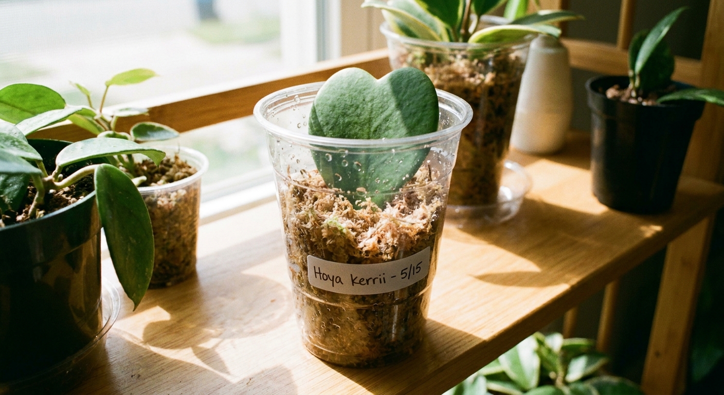 A real photo of a Hoya cutting inserted into damp sphagnum moss inside a clear plastic cup, sitting on a bright indoor shelf