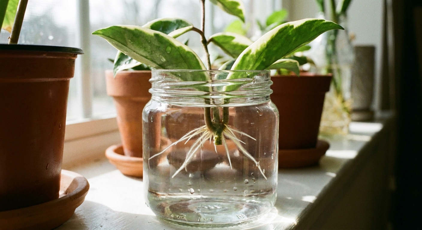 A real photo of a Hoya cutting rooting in a clear glass jar of water, with white roots emerging from a submerged node and leaves held above the waterline