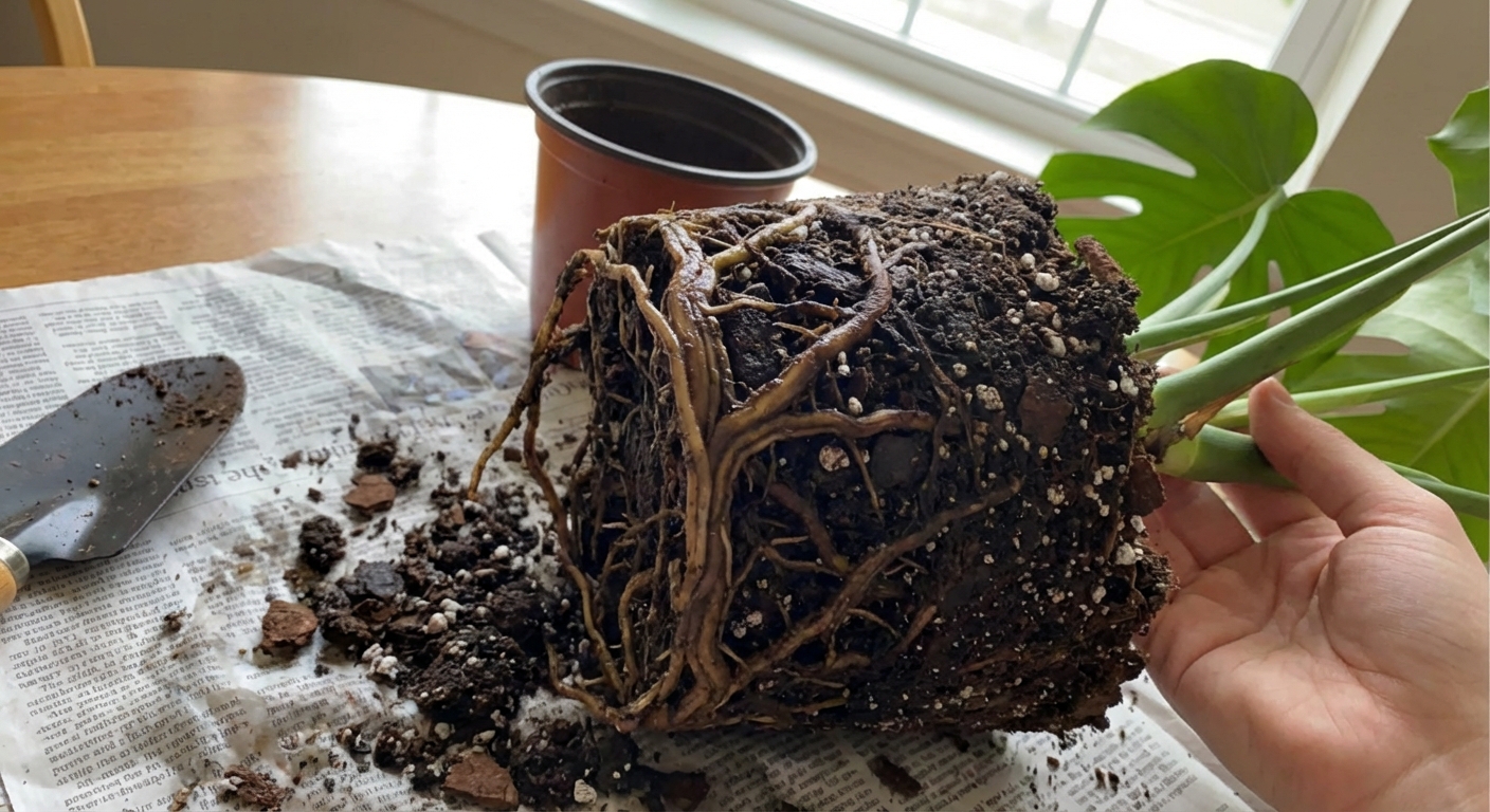 A real photo of a Monstera plant removed from its pot showing dark, mushy roots and wet potting mix on a newspaper-covered table, indoor natural light photography
