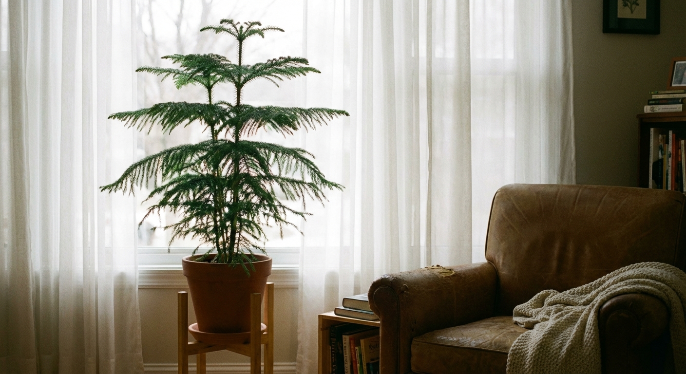 A real photo of a Norfolk Island pine in a simple pot placed near a bright window with sheer curtains, soft natural light on the layered branches, cozy indoor living room setting