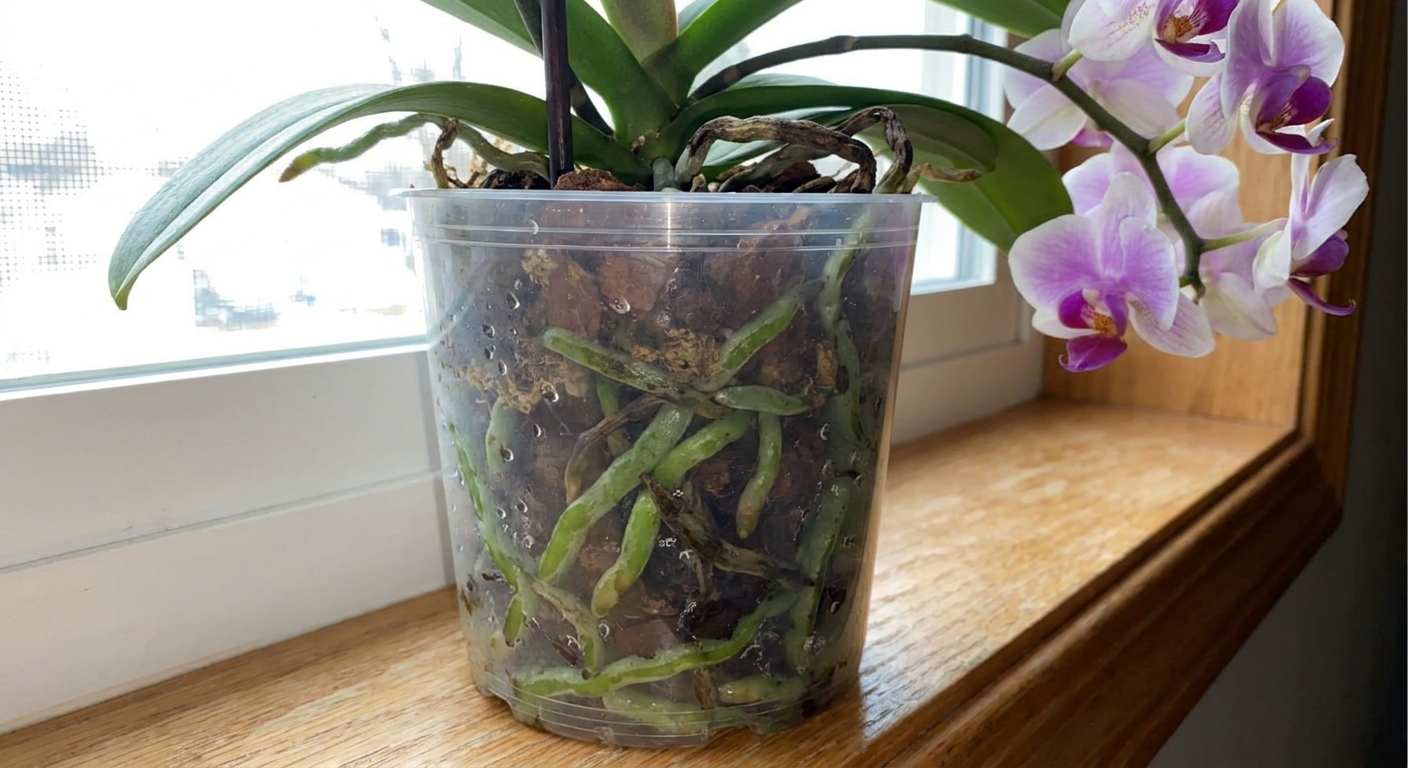 A real photo of a Phalaenopsis orchid in a clear plastic pot showing a mix of green healthy roots and a few brown damaged roots