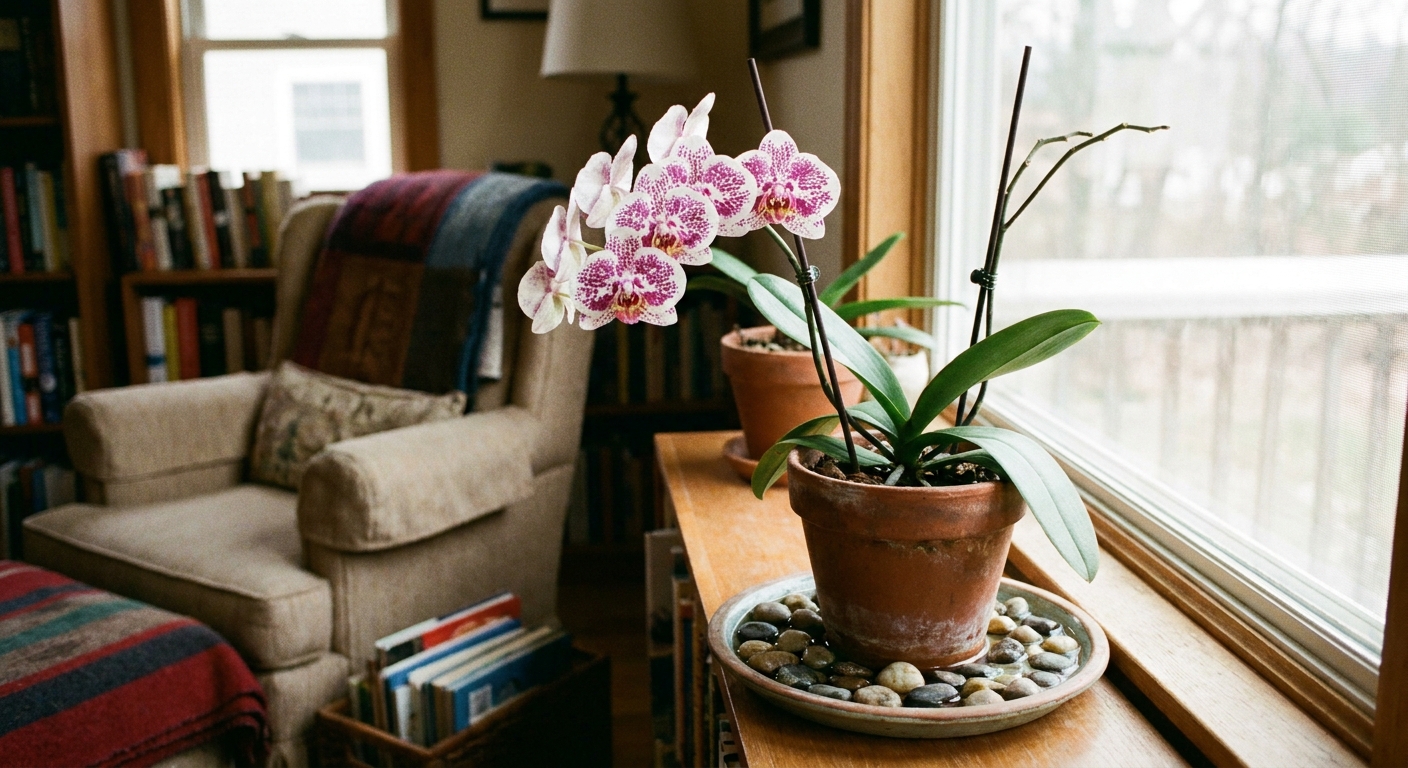 A real photo of a Phalaenopsis orchid in a pot sitting on a pebble tray with water in a cozy living room, soft natural light