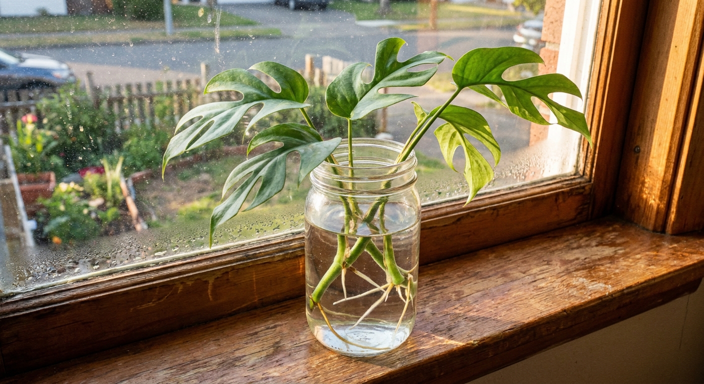 A real photo of a Rhaphidophora tetrasperma cutting rooting in a clear glass jar of water on a sunny windowsill