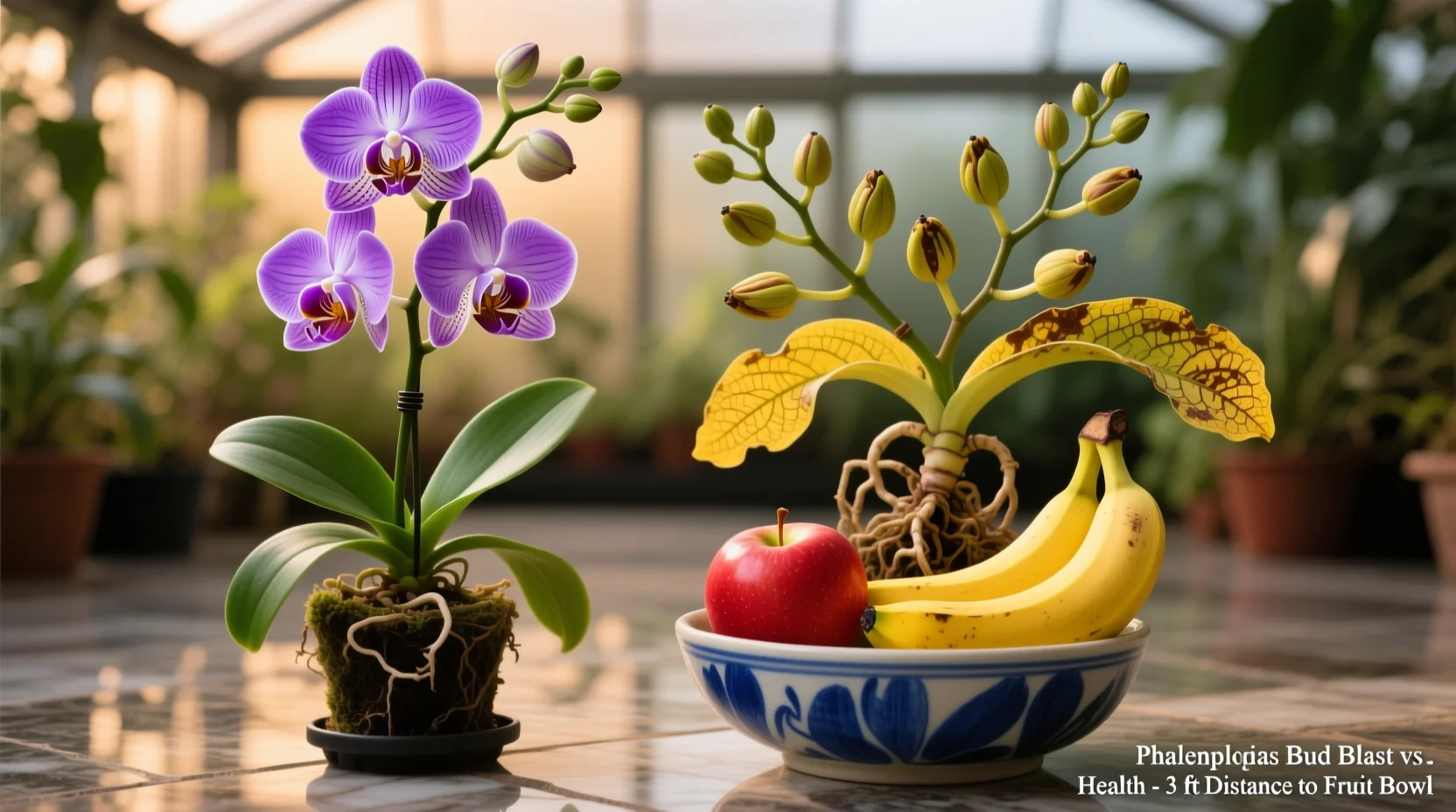 A real photo of a blooming orchid on a kitchen counter positioned near a fruit bowl with bananas and apples, showing unopened buds on the spike
