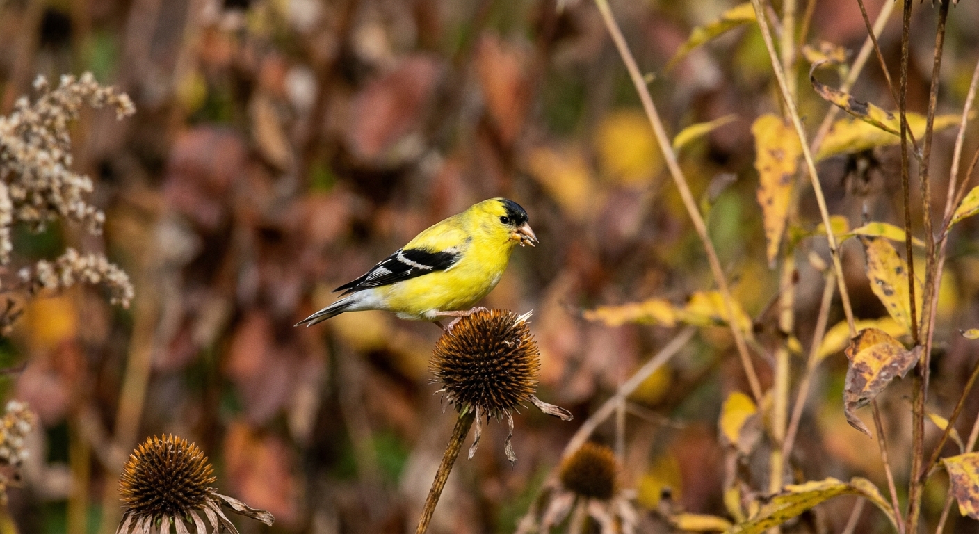A real photo of a bright yellow goldfinch perched on a dried coneflower seed head in autumn, with soft blurred garden background