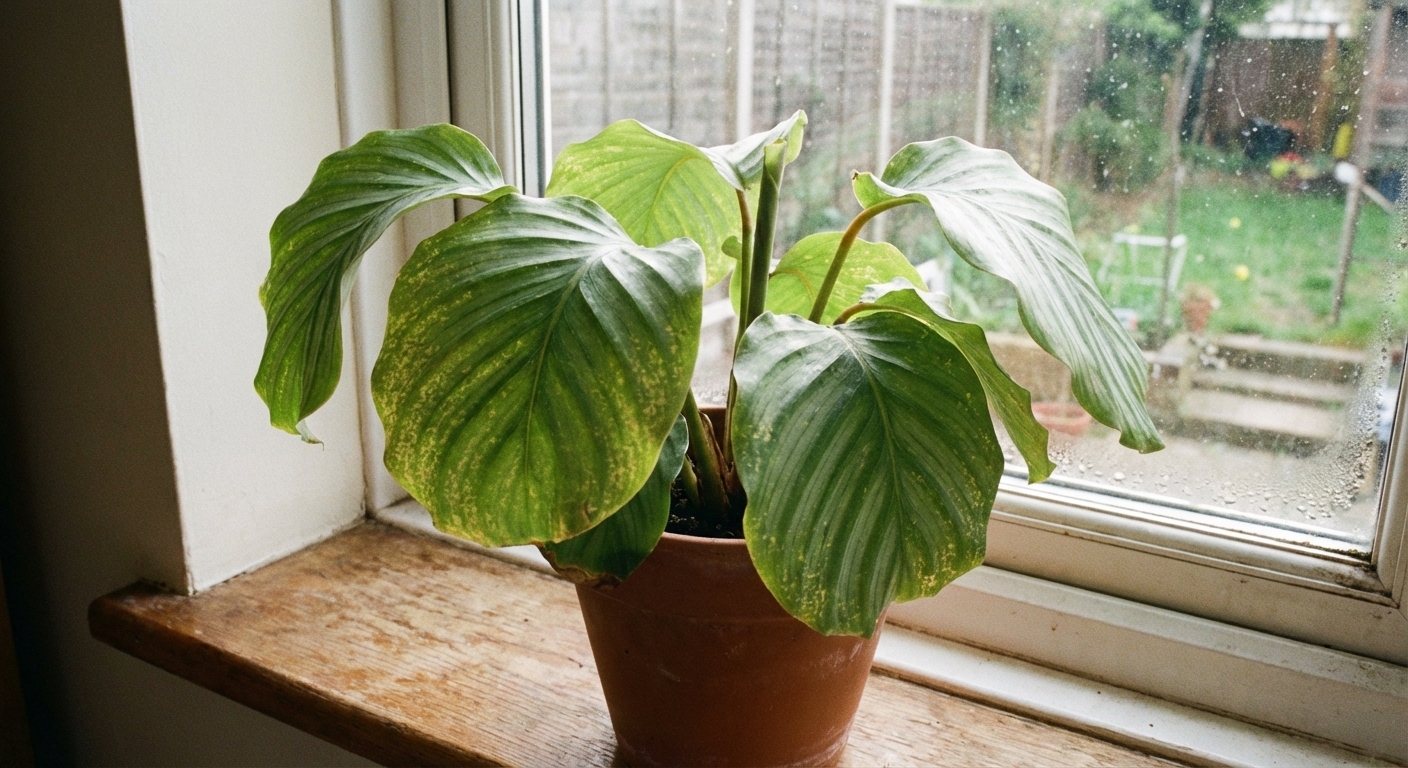 A real photo of a calathea houseplant on a windowsill with several leaves showing pale stippling and slight curling, natural indoor light