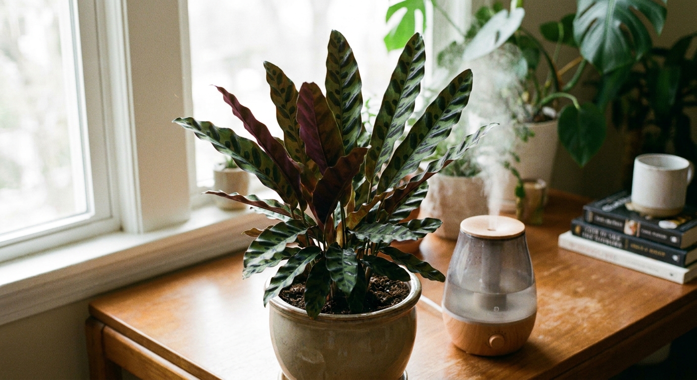 A real photo of a calathea plant with patterned leaves sitting on a table indoors near a small humidifier, with soft natural light from a nearby window