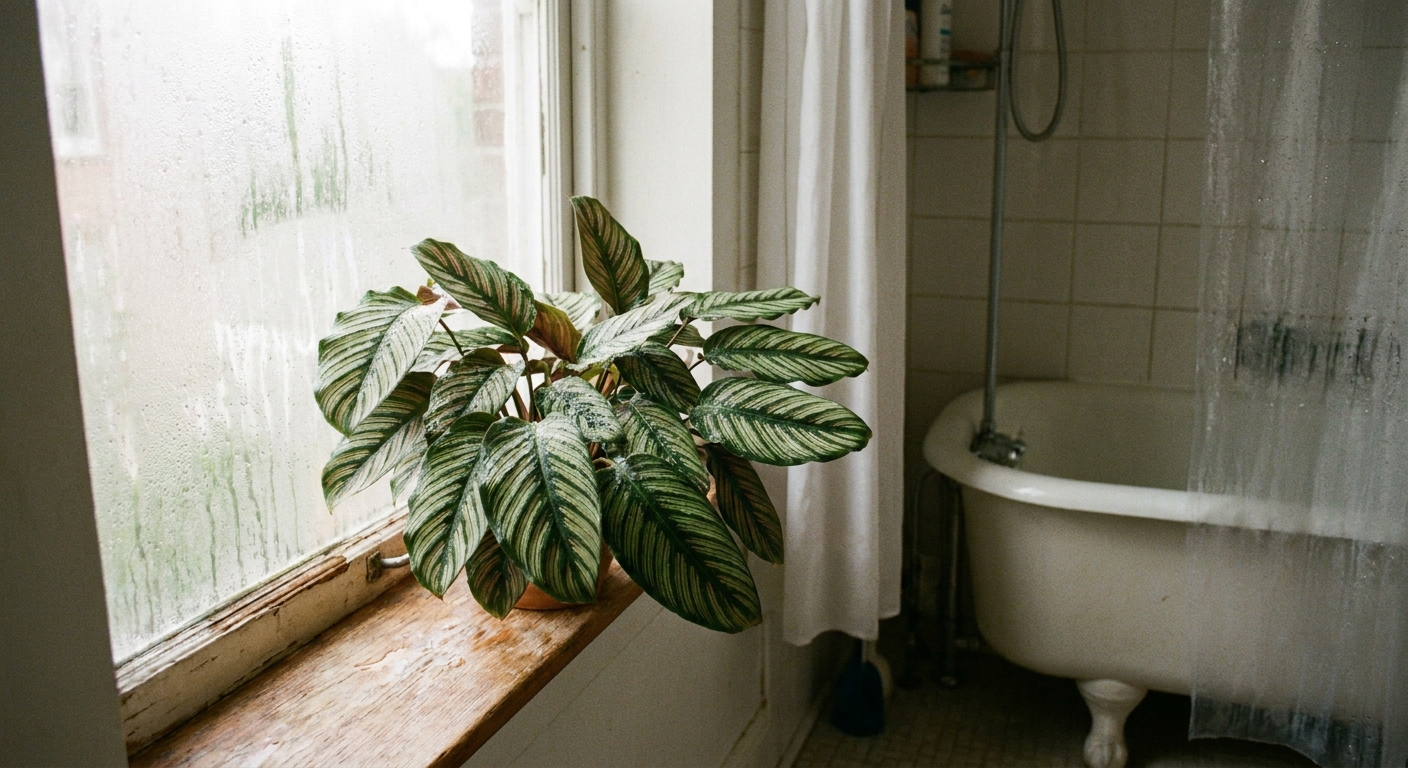 A real photo of a calathea sitting on a bathroom windowsill with soft daylight and steamy humidity in the background