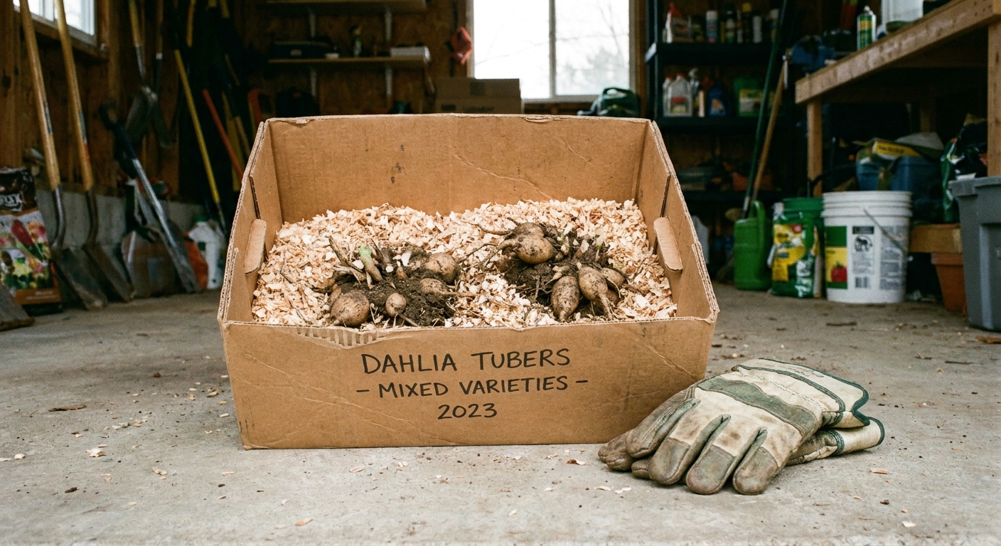 A real photo of a cardboard storage box in a cool garage holding dahlia tubers nestled in wood shavings, with a pair of gardening gloves beside it