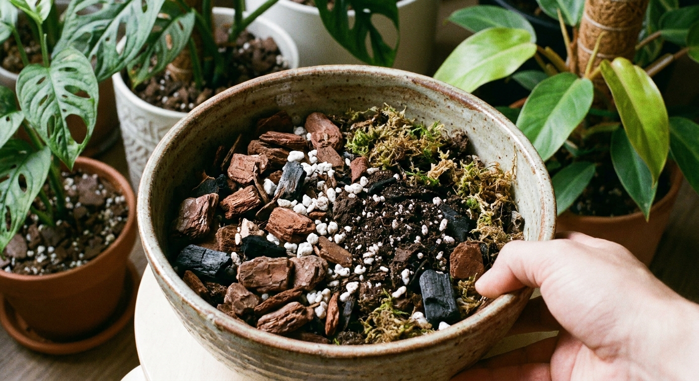 A real photo of a chunky aroid potting mix in a bowl with visible orchid bark, perlite, and dark potting soil