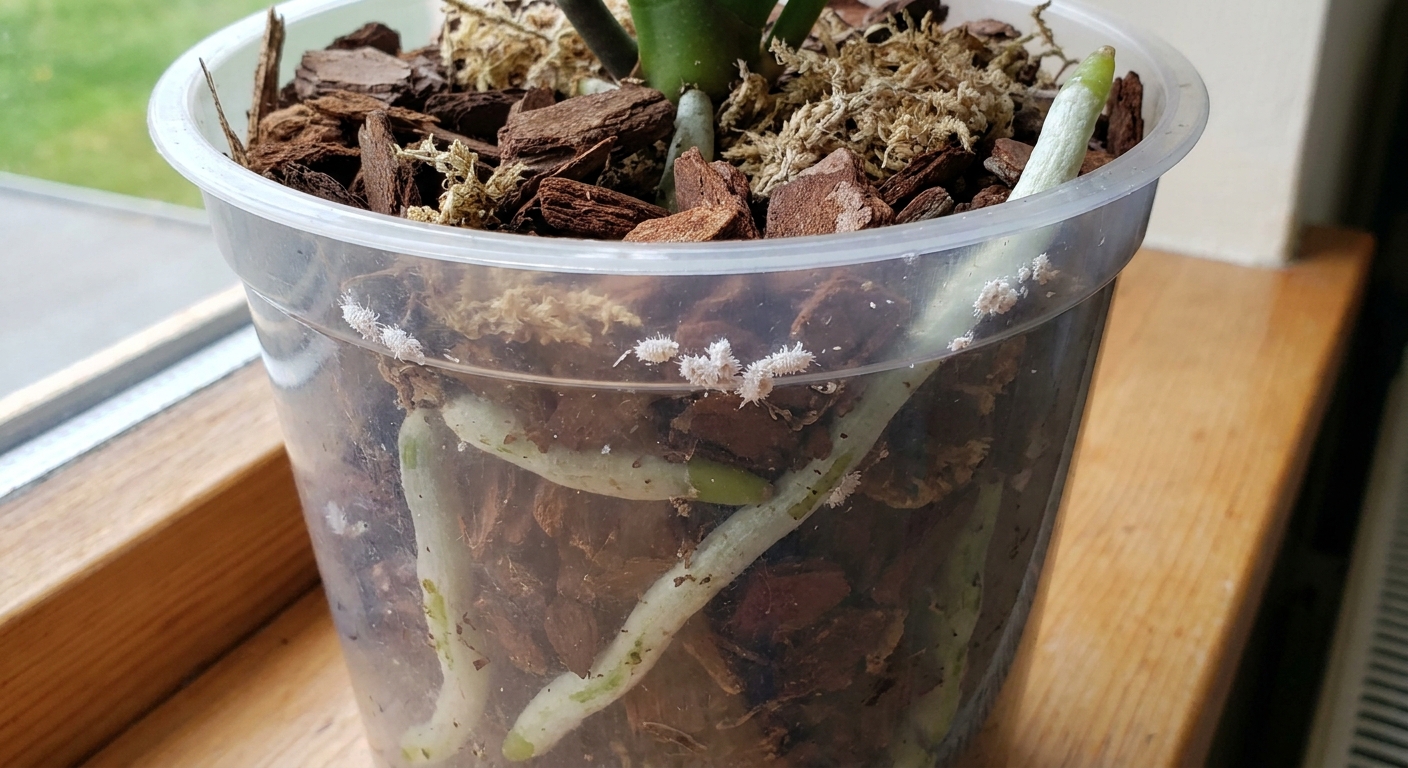 A real photo of a clear plastic orchid pot with bark media, showing white cottony mealybugs clustered along the inside pot rim near exposed orchid roots
