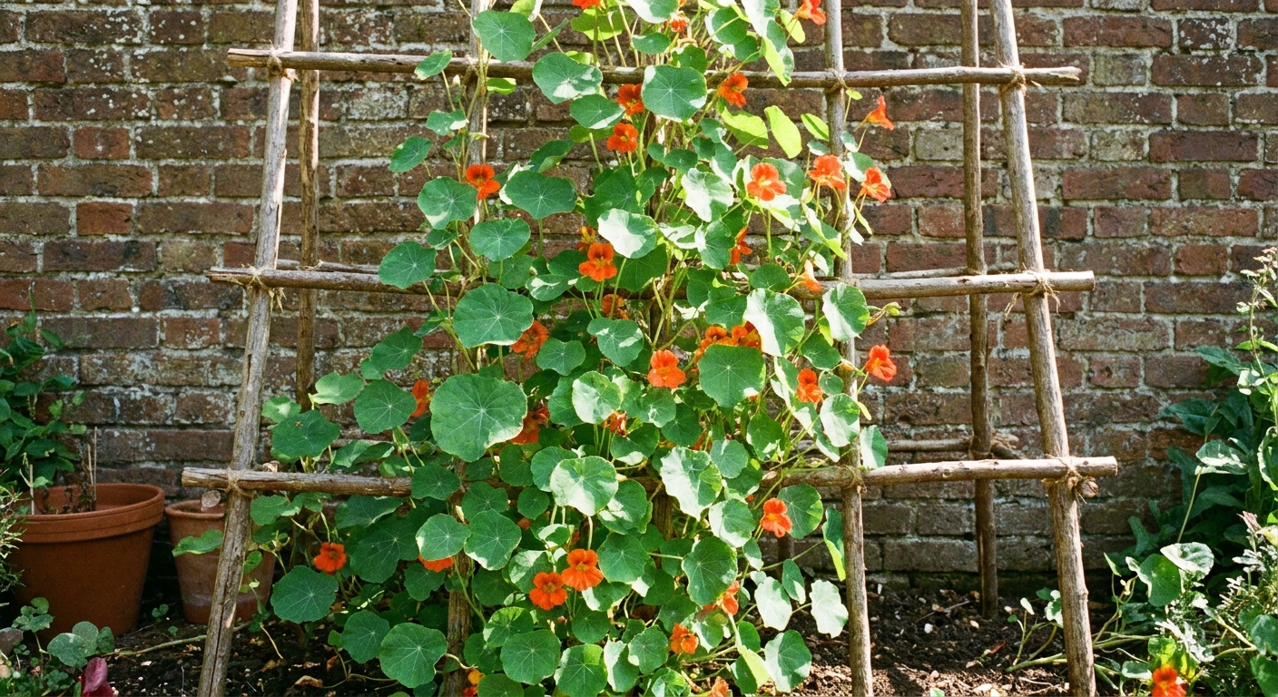 A real photo of a climbing nasturtium vine with round leaves and orange flowers trained up a simple wooden trellis