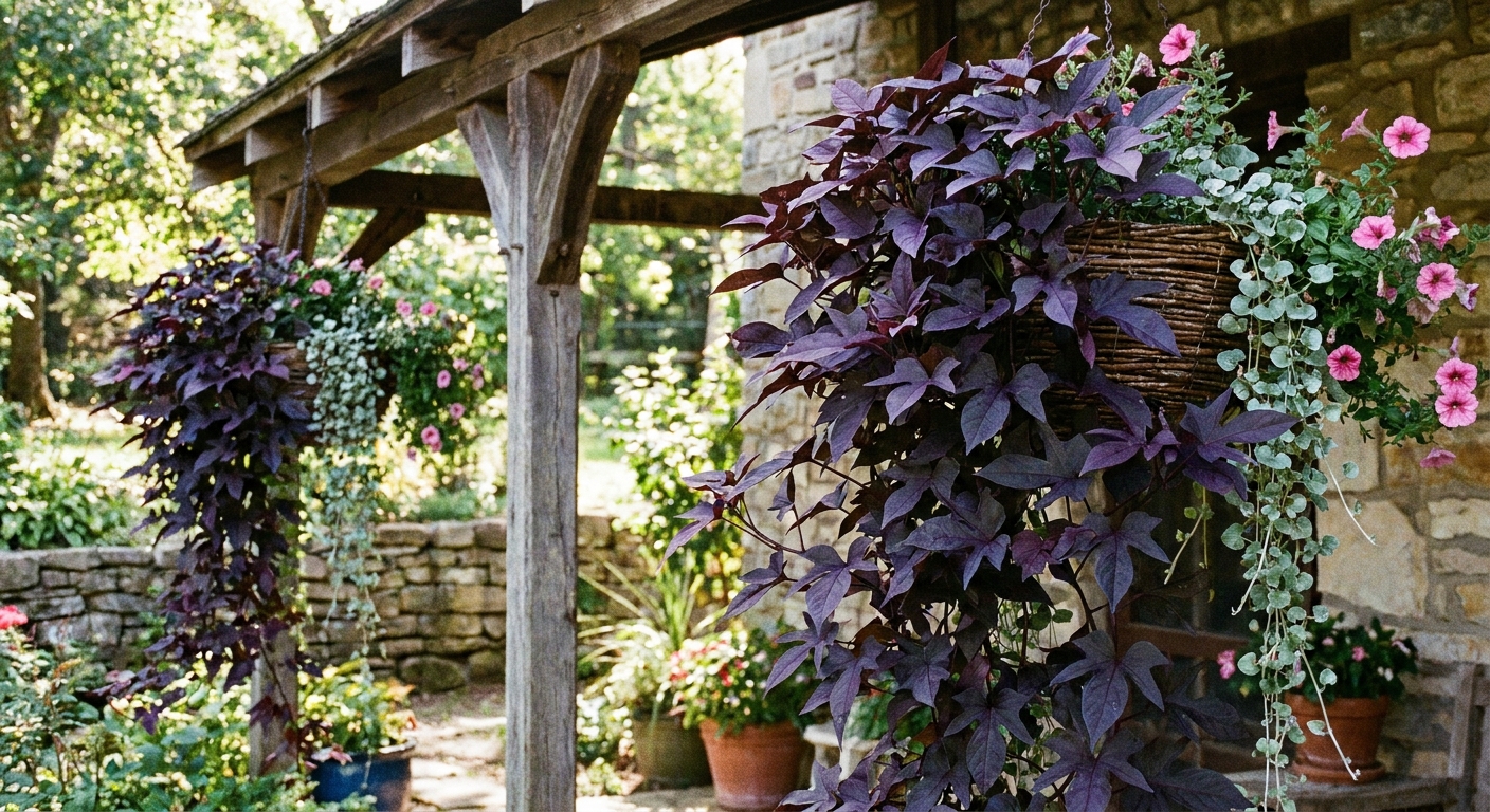 A real photo of a deep purple ornamental sweet potato vine cascading from a hanging basket, with long trailing stems and dense foliage