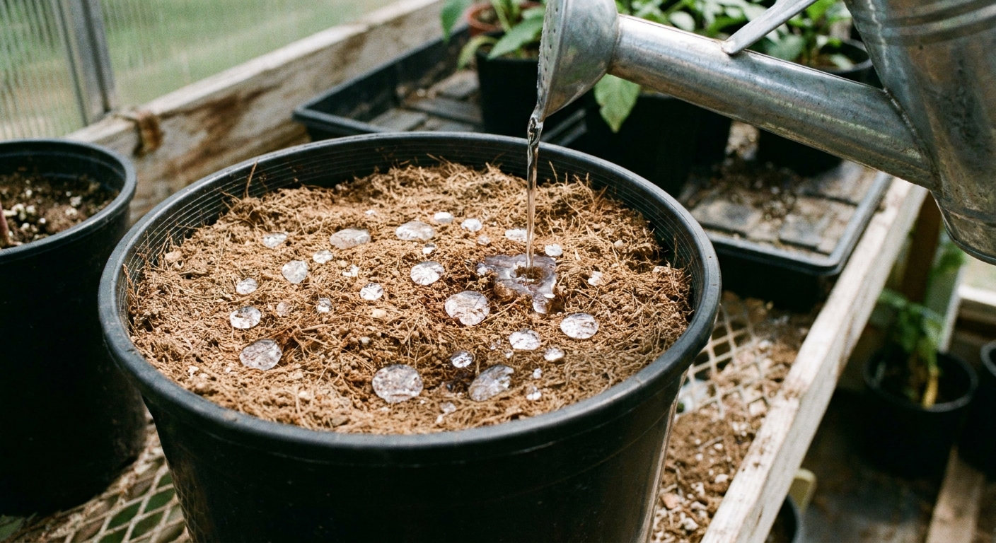 A real photo of a dry peat-based potting mix in a nursery pot as water from a watering can beads on the surface before soaking in