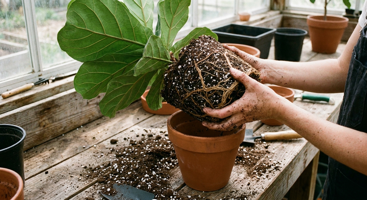 A real photo of a fiddle leaf fig being lifted from its pot to show the root ball and soil condition on a potting bench