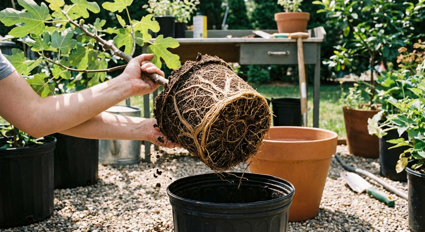 A real photo of a fig tree being lifted from a nursery pot, showing a moderately root-bound root ball ready for repotting