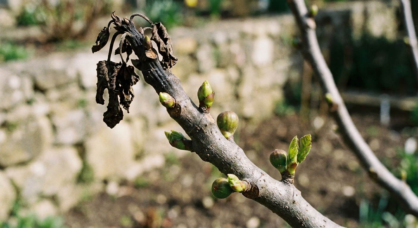 A real photo of a fig tree branch in early spring showing winter dieback on the tip and small swelling buds lower on the stem