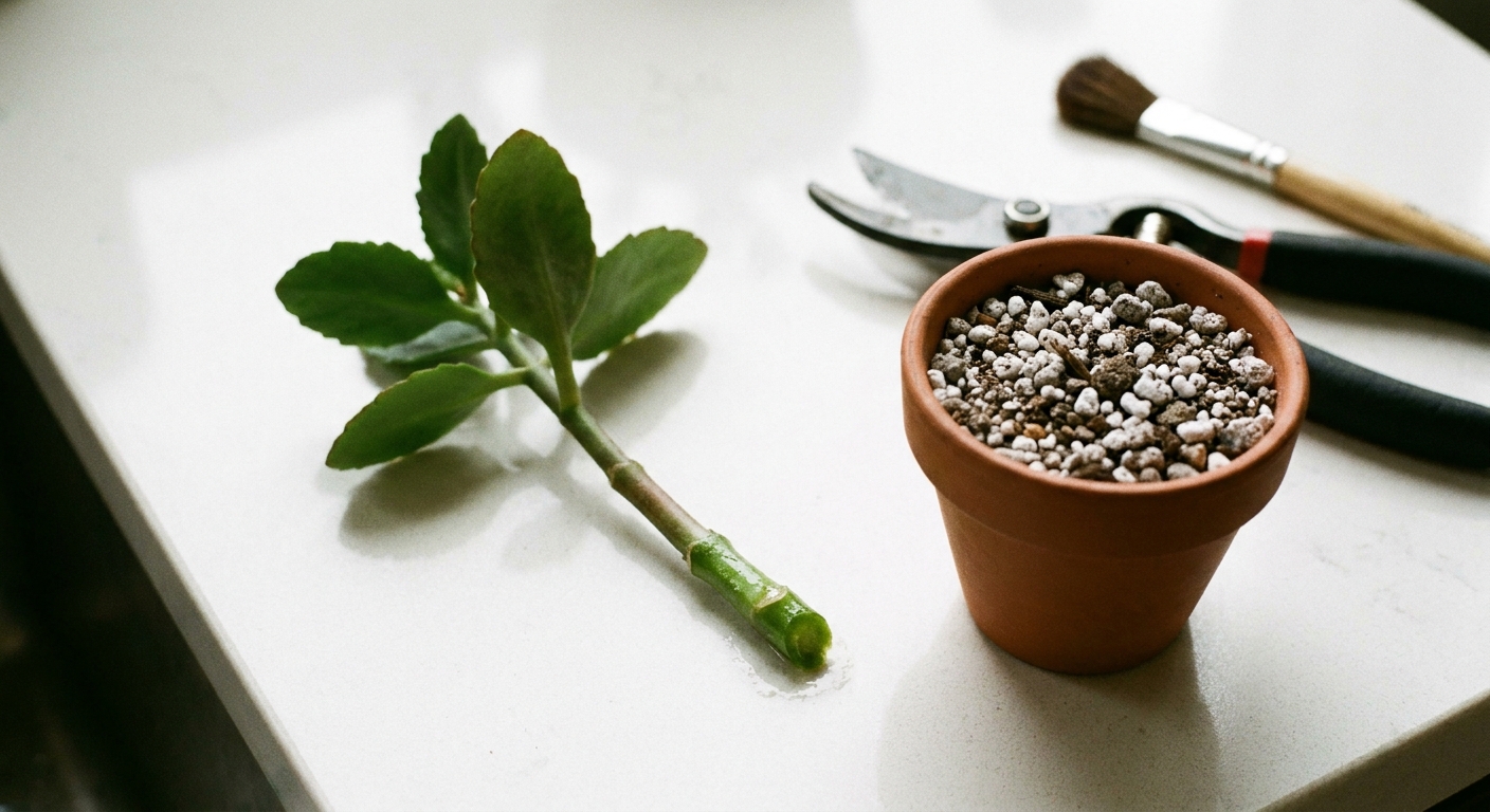 A real photo of a freshly cut kalanchoe stem cutting resting on a clean countertop to dry and callus, with a small pot of gritty succulent mix nearby