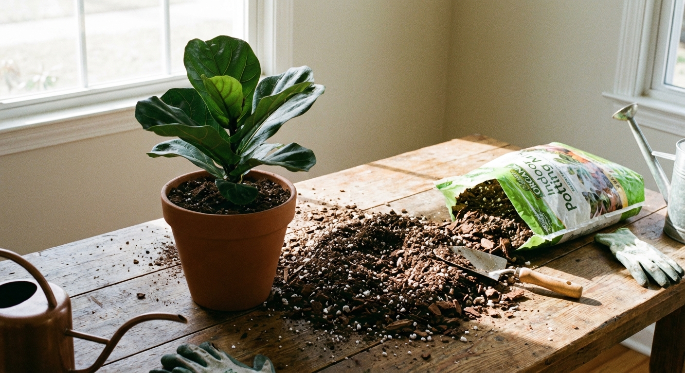 A real photo of a freshly repotted houseplant on a table with new potting mix spilled nearby