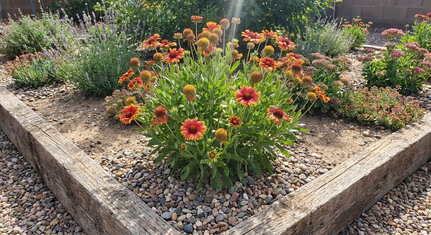 A real photo of a gaillardia plant growing in a slightly raised garden bed with sandy, well-draining soil and small gravel on the surface