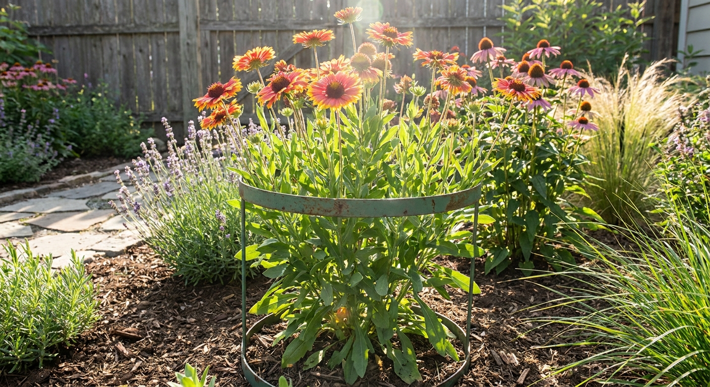 A real photo of a gaillardia plant supported by a low green metal ring in a sunny flower border, with stems held upright