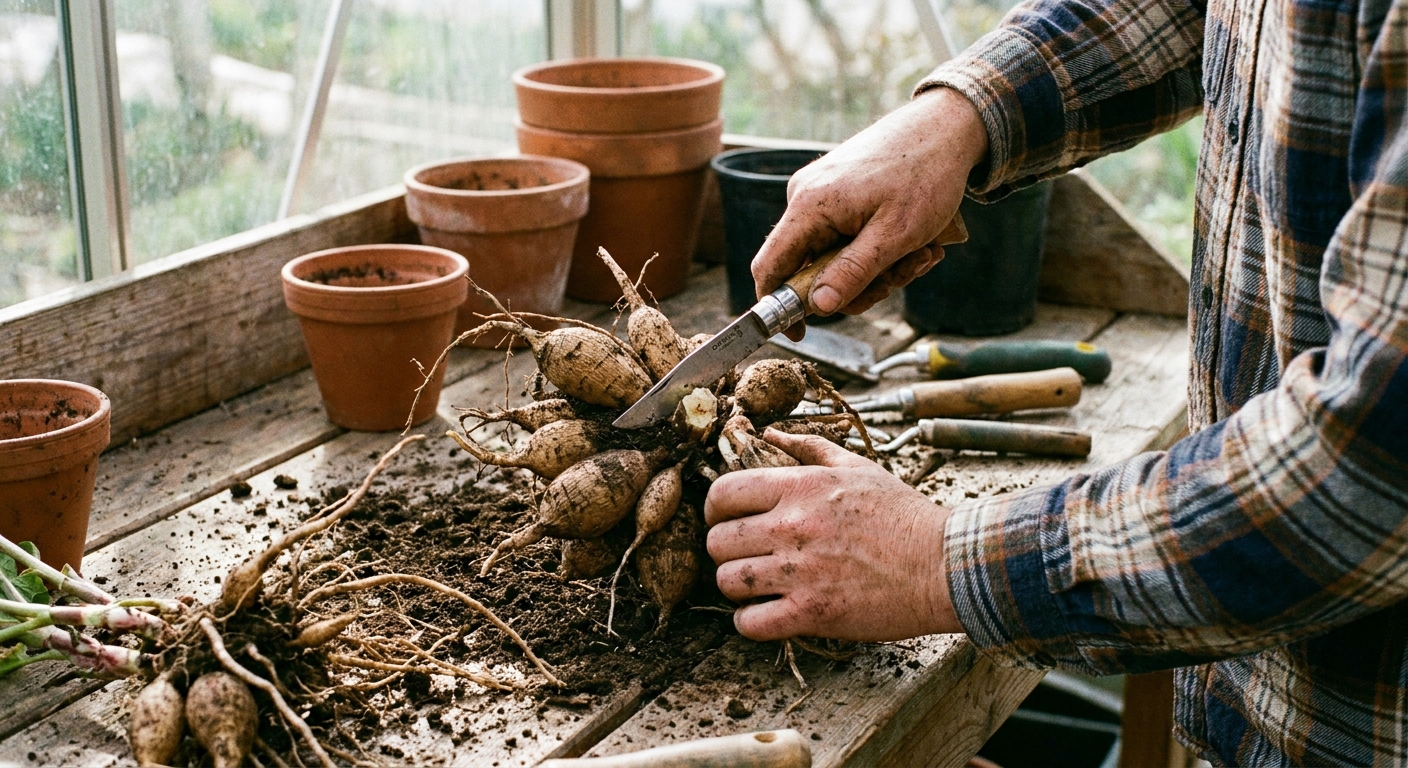 A real photo of a gardener cutting through a dahlia crown with a sharp knife while holding the tuber clump steady on a potting bench
