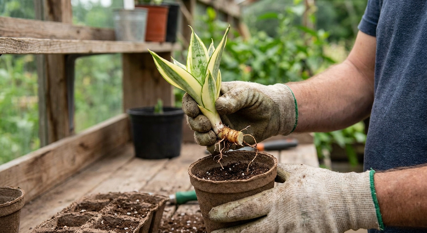A real photo of a gardener holding a snake plant pup with a short rhizome and roots attached, ready to be potted into a small nursery pot