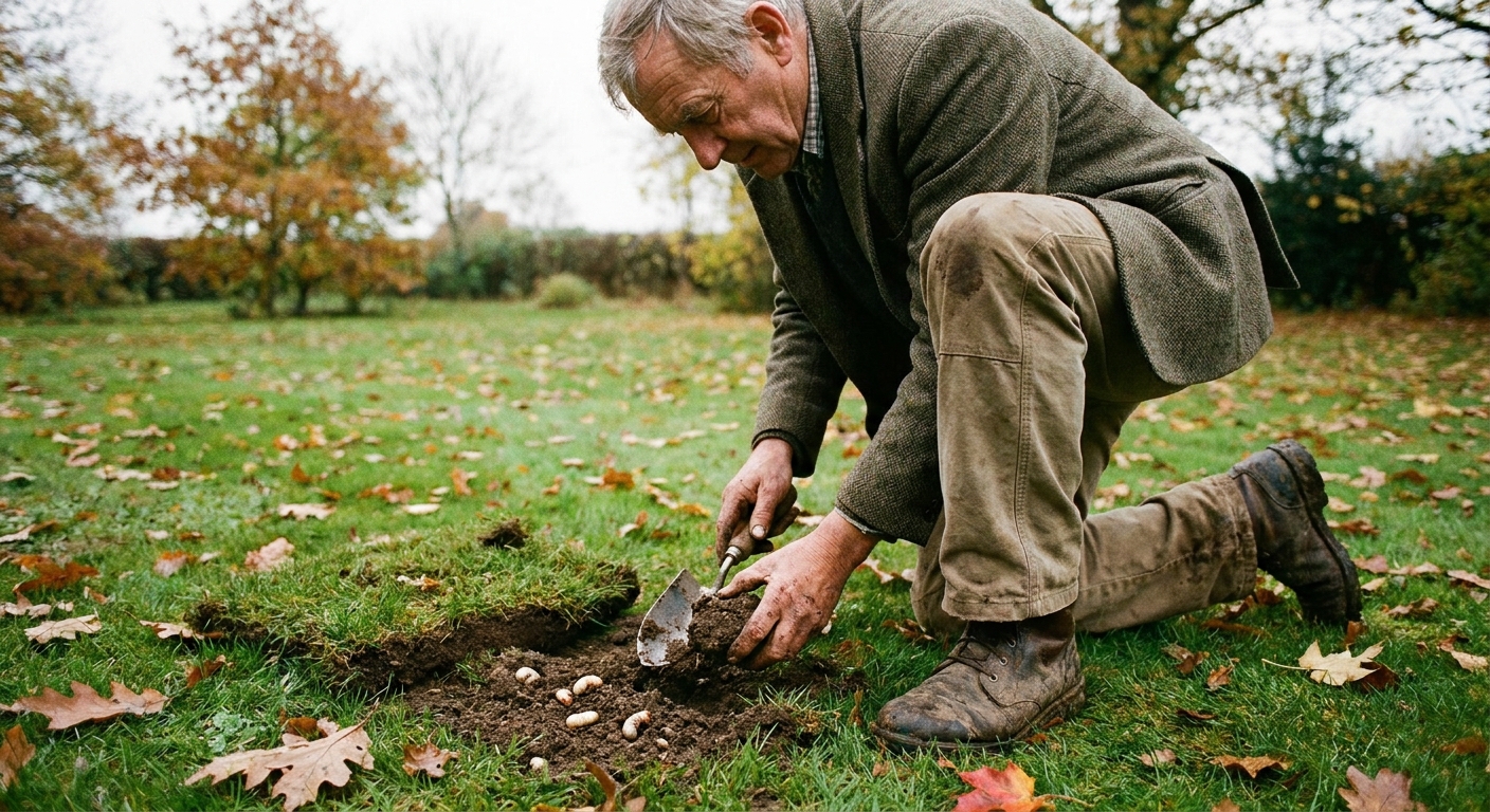 A real photo of a gardener kneeling on grass with a small hand trowel, examining soil for white grubs next to a flipped piece of turf, overcast autumn light