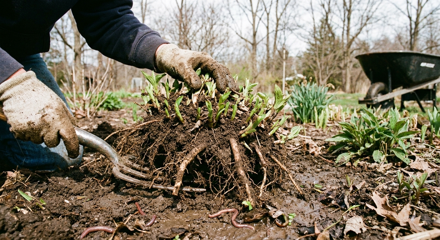 A real photo of a gardener lifting a coneflower clump from soil in early spring, with visible roots and small green shoots, ready to be divided
