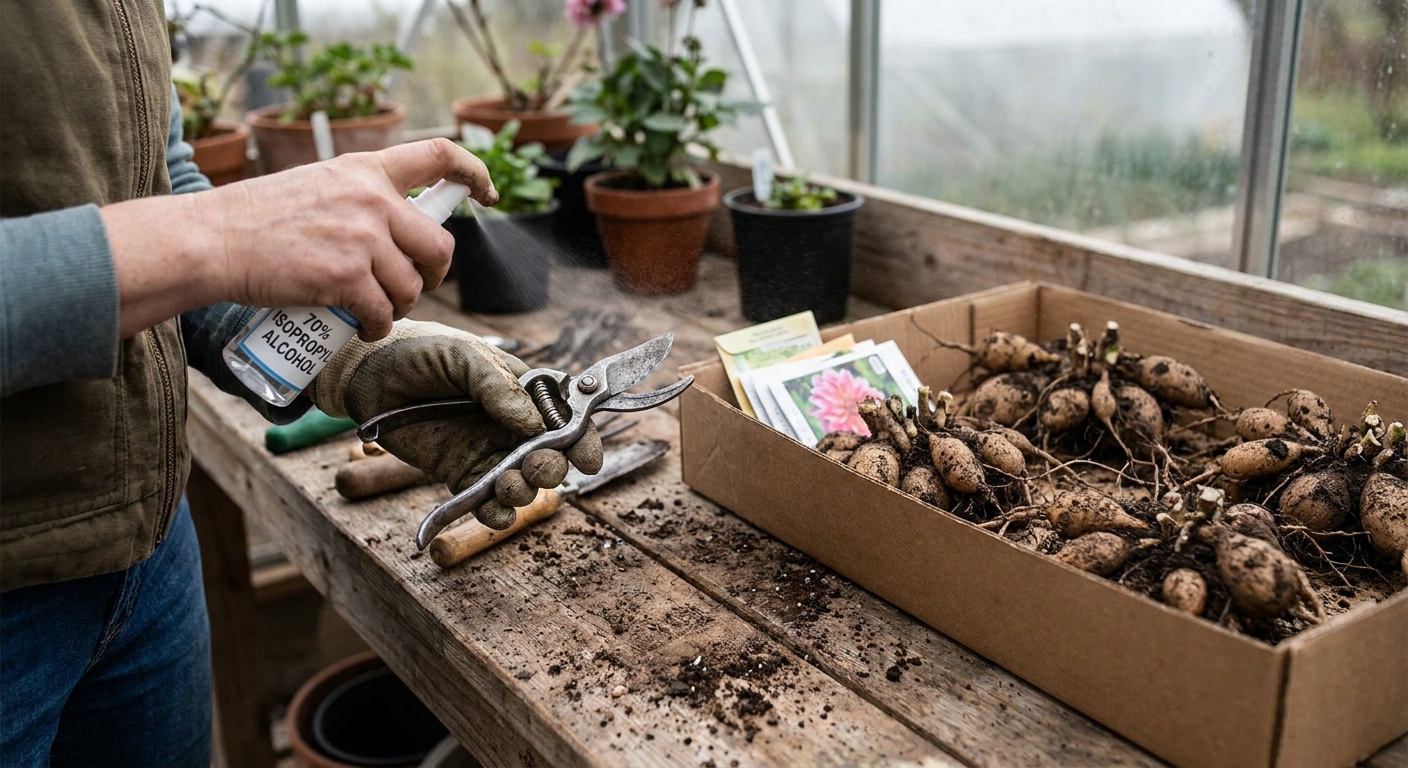 A real photo of a gardener spraying 70 percent isopropyl alcohol on metal pruning shears over a potting bench with dahlia tubers nearby