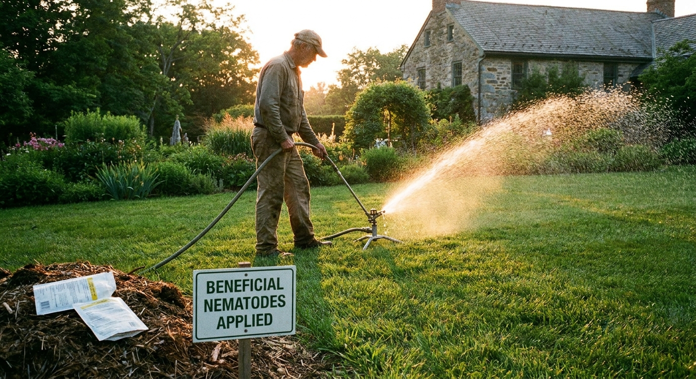 A real photo of a gardener using a hose sprinkler to water a lawn in the early evening after applying beneficial nematodes, golden hour light