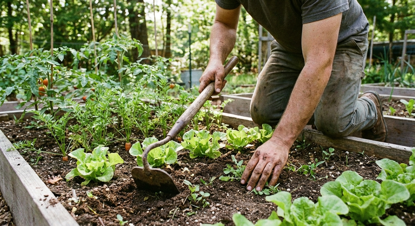 A real photo of a gardener using a stirrup hoe in a vegetable bed with small weeds, with soil and plants in natural outdoor light