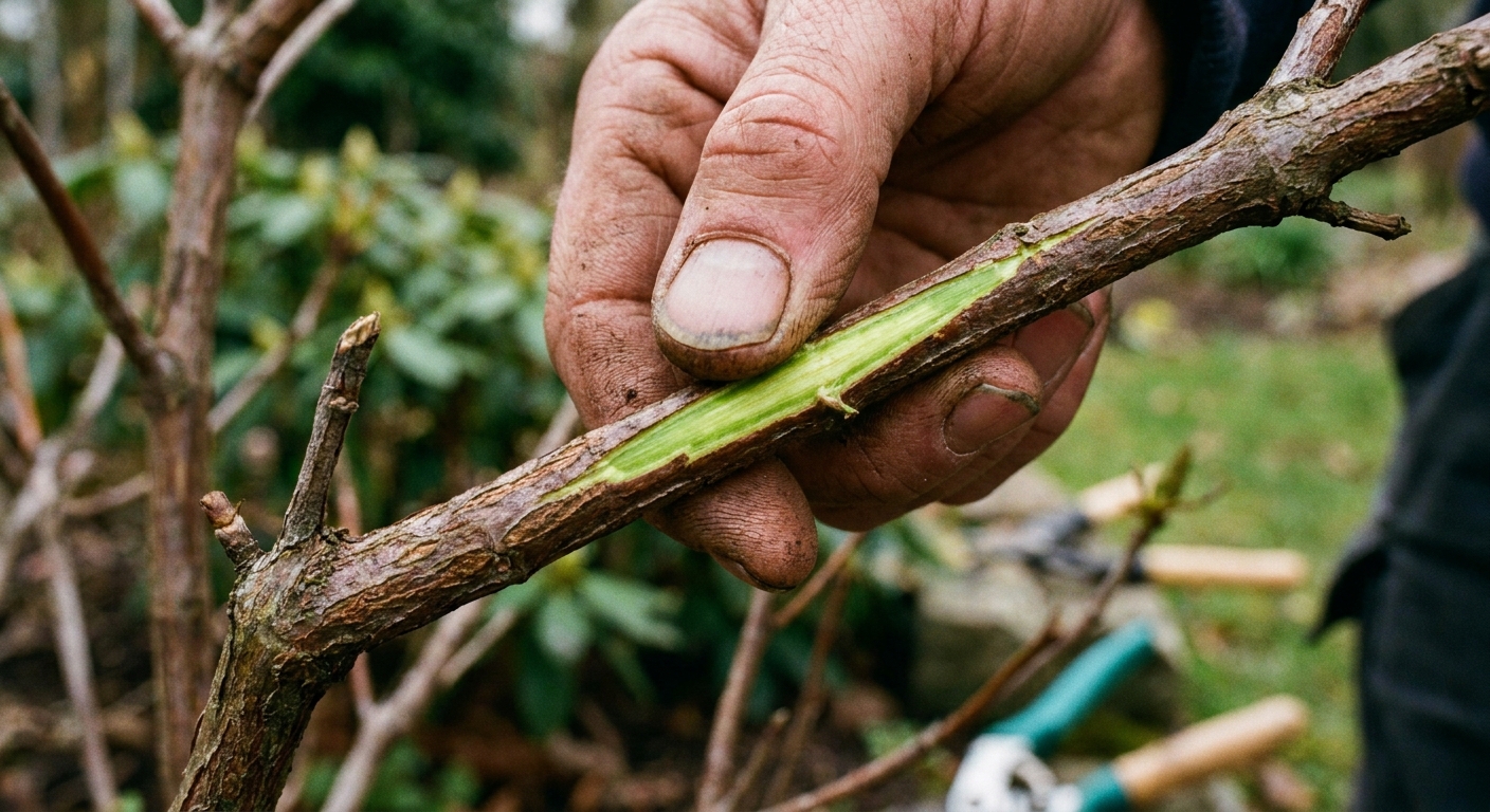 A real photo of a gardener's hand scratching the bark of a shrub twig to reveal green living tissue beneath