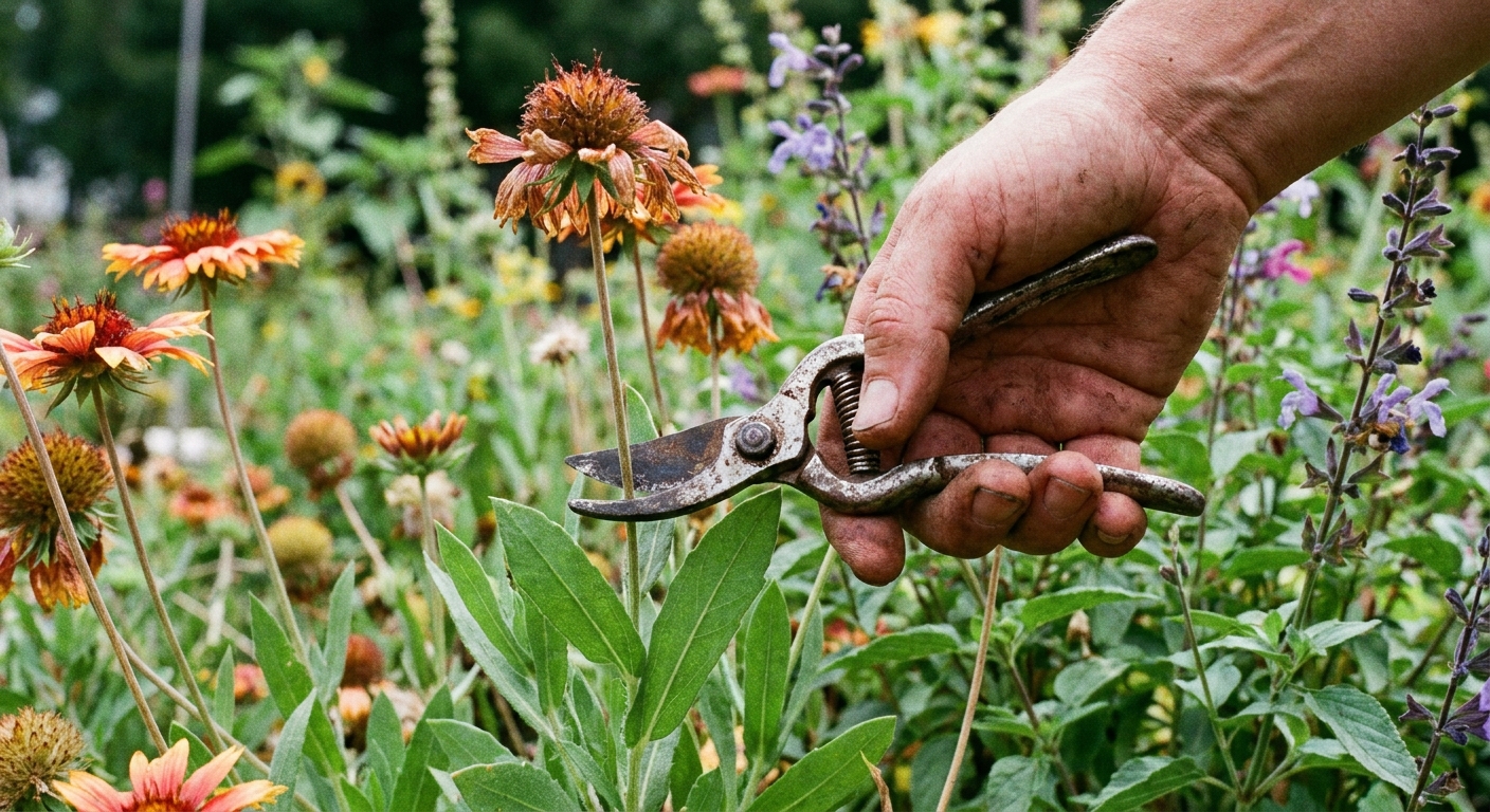 A real photo of a gardener's hand using small pruning shears to snip a spent gaillardia flower stem just above a set of leaves in an outdoor garden