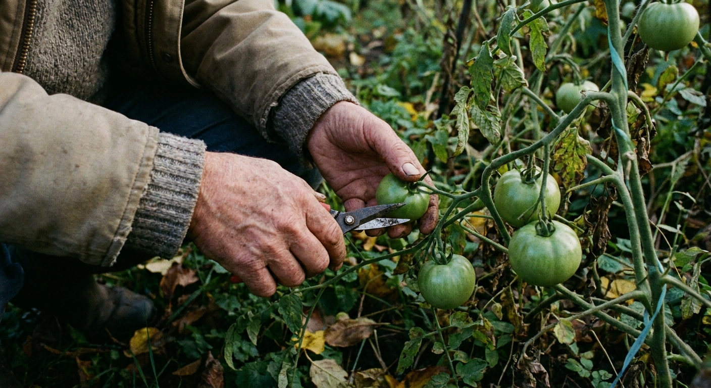 A real photo of a gardener’s hands picking firm green tomatoes from a tomato plant outdoors in cool autumn light