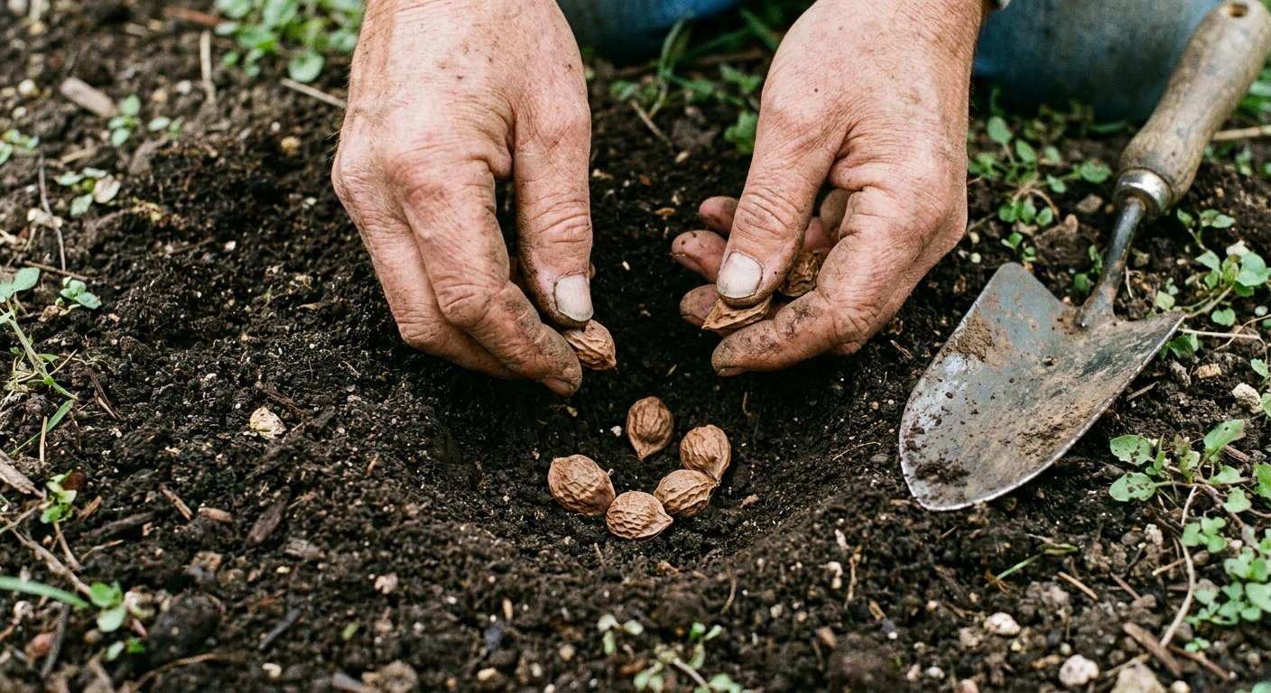 A real photo of a gardener's hands placing large wrinkled nasturtium seeds into a shallow hole in dark garden soil
