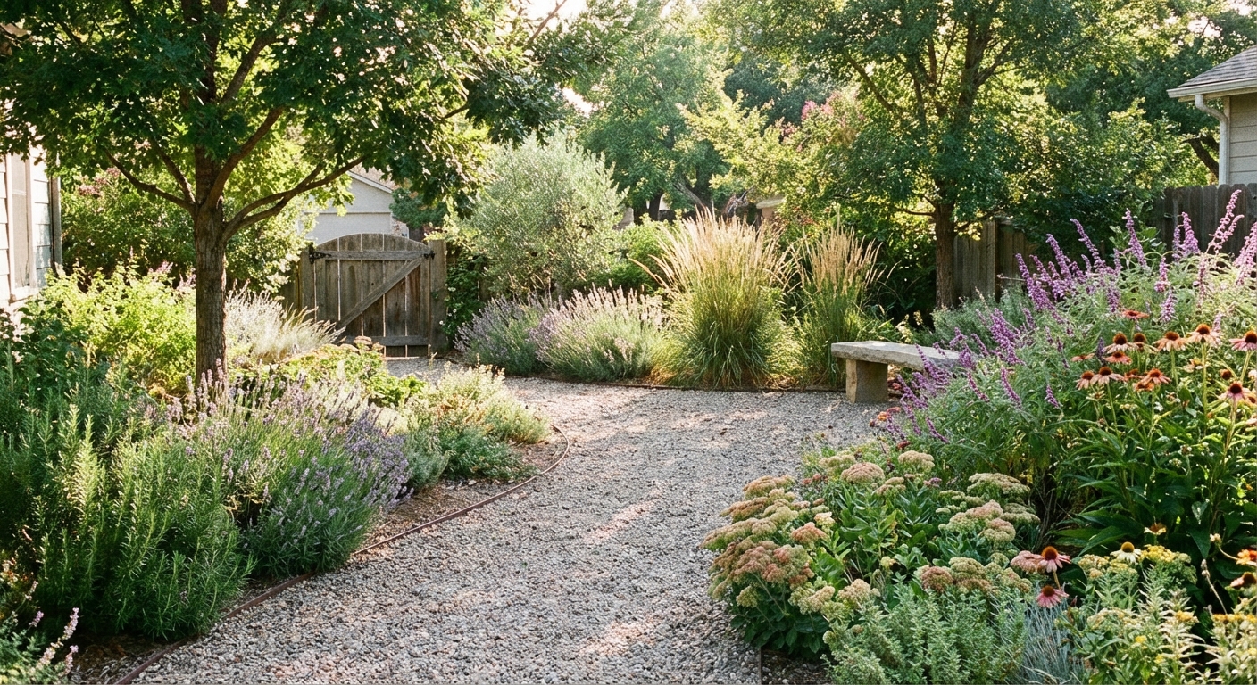 A real photo of a gravel garden path curving through a backyard with plants along the edges in bright natural light