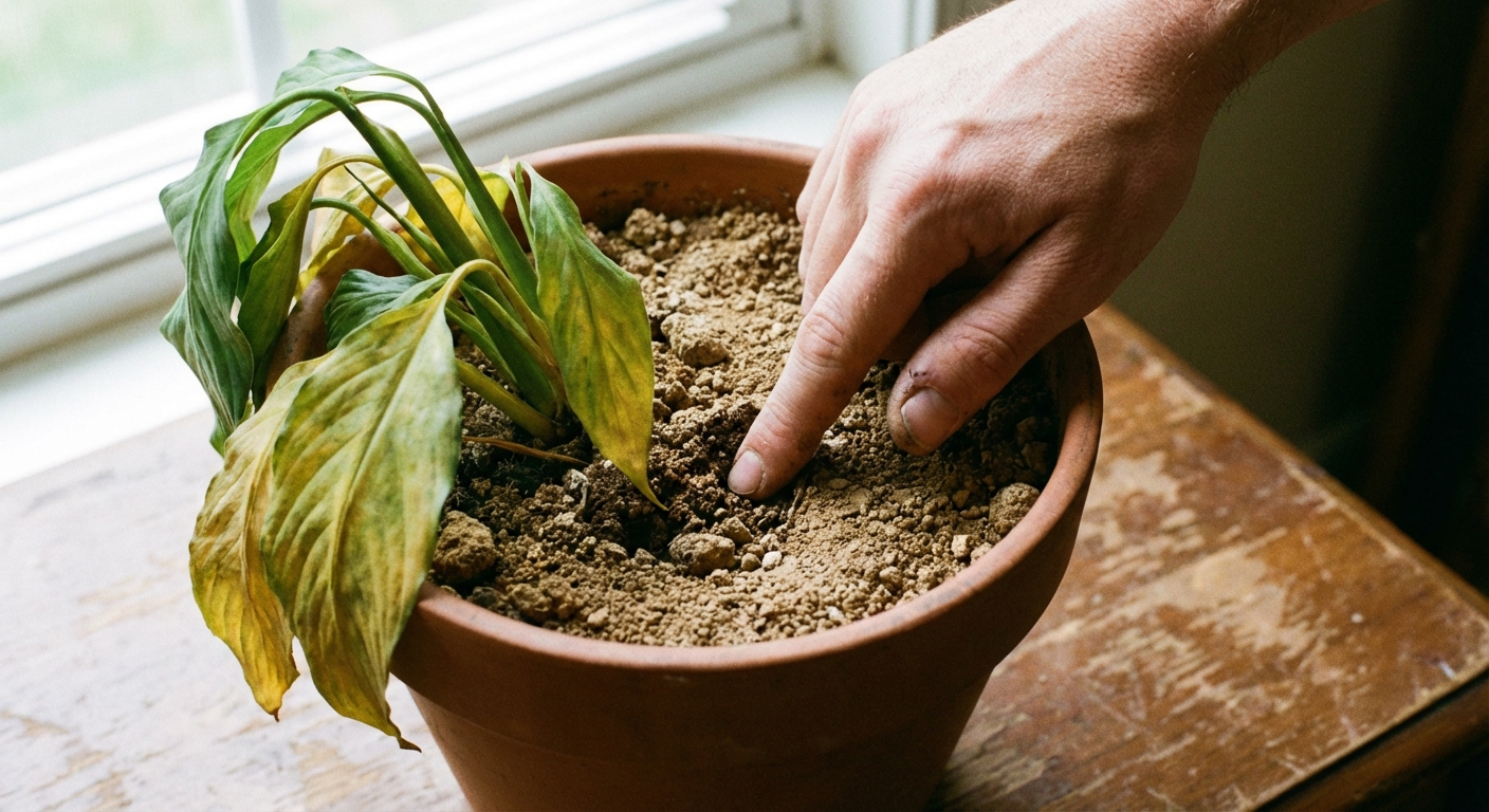 A real photo of a hand pressing a finger into dry potting soil near a drooping houseplant