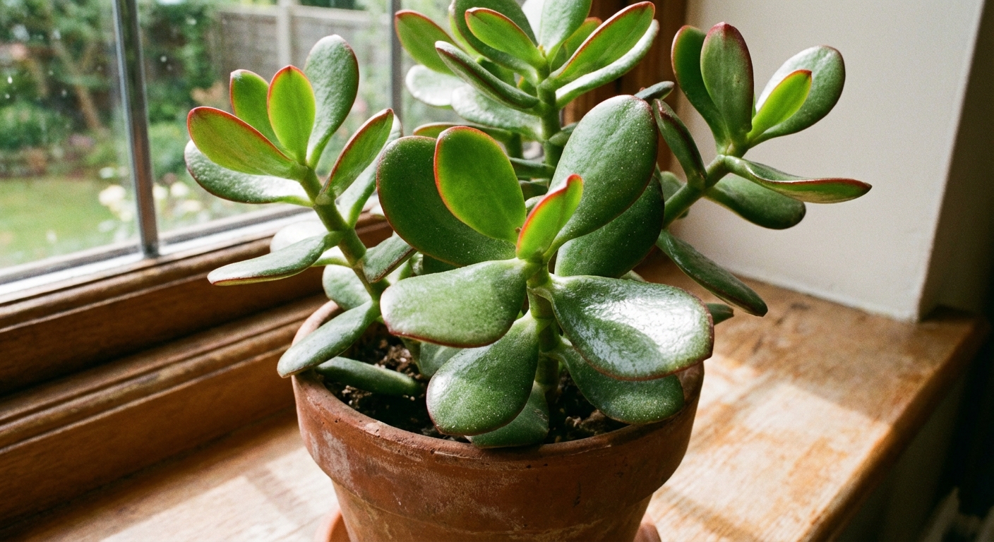 A real photo of a healthy jade plant with glossy, plump green leaves and subtle red edges sitting near a bright window, crisp focus on leaf texture